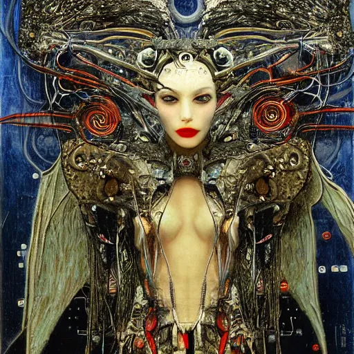 Image similar to winged cybernetic vampire with horns trapped in circuitry, intricate detail, miro, royo, whealan, klimt,