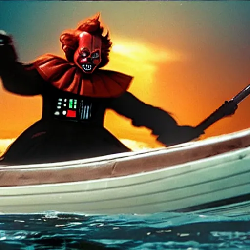 Image similar to pennywise the clown fighting darth vader on a kayak, photo, hyperrealistic, star wars, it