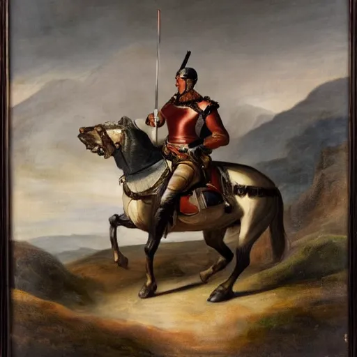 Image similar to portrait oil on canvas of a man mounted on horseback while raising a sword with his right hand pointing north, behind him in the vast distance 1 0 0 warriors can be seen fighting with swords and muskets, light, cloudy, mountains in the background,