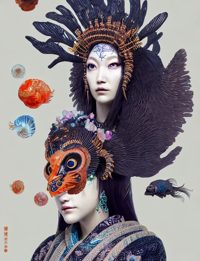 Image similar to 3 d goddess close - up 3 / 4 portrait with ram skull. beautiful intricately detailed japanese crow kitsune mask and clasical japanese kimono. betta fish, jellyfish phoenix, bio luminescent, plasma, ice, water, wind, creature, artwork by tooth wu and wlop and beeple and greg rutkowski