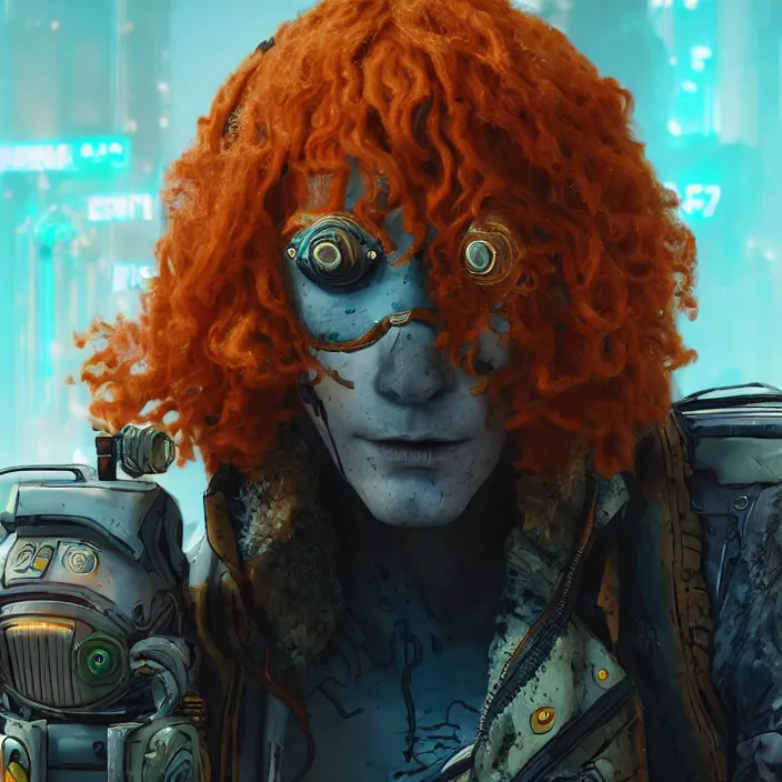 Image similar to cyberpunk portrait of curly orange hair man from borderlands 3, au naturel, hyper detailed, digital art, trending in artstation, cinematic lighting, studio quality, smooth render, unreal engine 5 rendered, octane rendered, art style by klimt and nixeu and ian sprigger and wlop and krenz cushart.