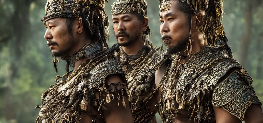 Prompt: matte close - up portrait of beautiful and smart tai warlords who assemble in the forest backlighting, ethnic costume, bronze armored, traditional decoration, elegant, loin cloth, highly detailed, 8 k, cinematic lighting, global illumination, ornate, super detailed, faded color polaroid, a colorized photo, colorized, # film, movie still