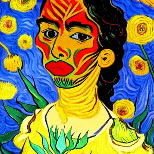 Prompt: beautiful dark skinned mexican woman, dancing in a field of flowers, prominent rosy cheek bones, black hair and brown eyes, van gogh art style,