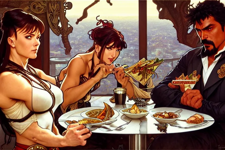 Image similar to xena warrior princess eating at a restaurant, with a hispanic man in a suit as her companion, art by artgerm and greg rutkowski and alphonse mucha