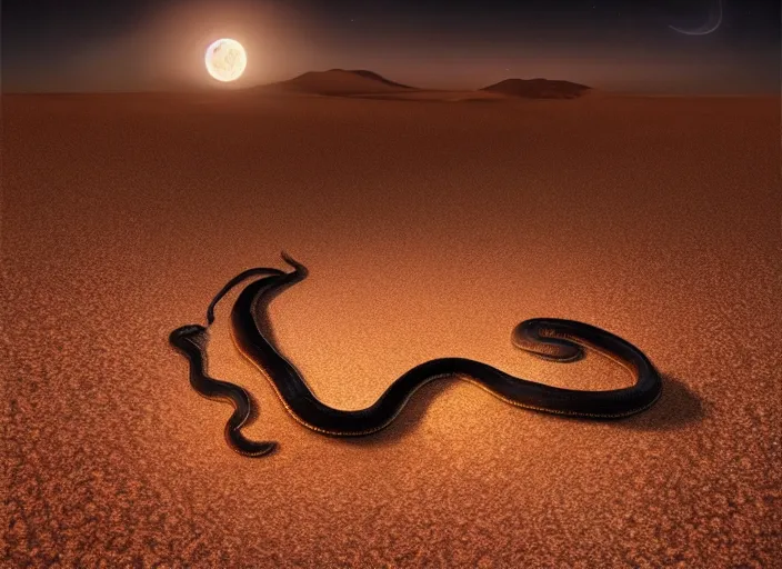 Prompt: giant snake on a moonlit desert, art by artgerm and greg rutkowski, cinematic shot, intricate, ornate, photorealistic, ultra detailed, trending artstaition, realistic, 1 0 0 mm, photography, octane, high definition, depth of field, bokeh, 8 k