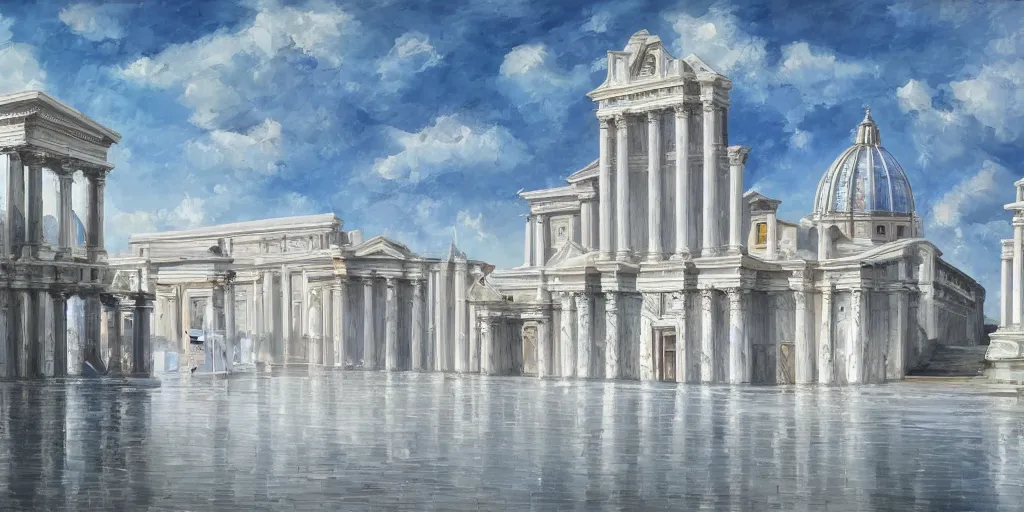 Prompt: utopian city made out of glistening, white marble, nature backdrop, fusion between historical and modern futuristic architecture, rome, minimalism, oil painting