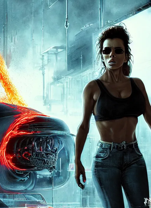 Prompt: eva longoria in the scene from terminator movie, nuclear mushroom cloud in the background, ultra detailed, cgsociety by leesha hannigan, ross tran, thierry doizon, kai carpenter, ignacio fernandez rios, noir art house,