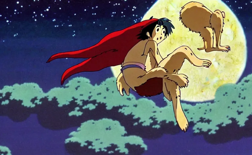 Prompt: a still from a studio ghibli movie of a cartoon monkey from princess mononoke ( 1 9 9 7 ) flying on a magic carpet in front of a pale full moon, full body, wide shot, very dull muted colors, studio ghibli, highly detailed, deviantart, art by artgem