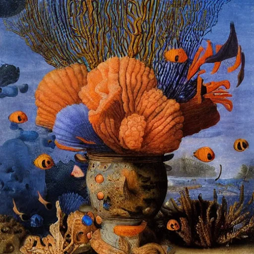 Image similar to bottle vase of coral under the sea decorated with a dense field of stylized scrolls that have opaque outlines enclosing mottled blue washes, with orange shells and purple fishes, Ambrosius Bosschaert the Elder, oil on canvas