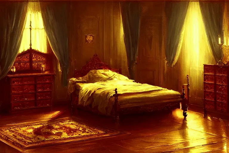 Image similar to an ornate victorian bedroom at night. 1 8 9 0, key visual, conceptart, low candlelight, highly detailed, digital painting, artstation, concept art, sharp focus, by makoto shinkai and akihiko yoshida and greg manchess