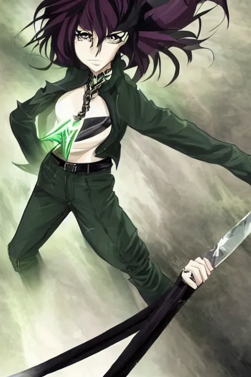 Image similar to name : rose gender : female race : human clothes : jeans and a black shirt weapon : sword special power : healing eye color : green hair color & style : short, spiky body type : slender.