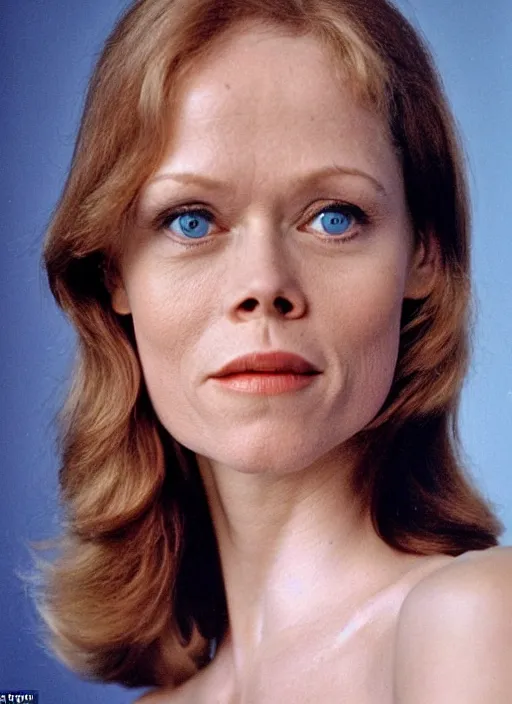 Prompt: a genetic combination of a young sissy spacek and sigourney weaver, late thirties, blond hair, brown eyes, face and shoulders focus