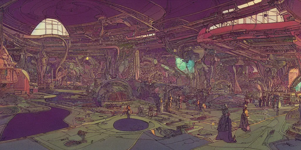 Prompt: cel shaded matte illustration of the the interior of a scifi space station with ornate elven architecture bustling with people, emerald, crystalline, detailed illustration, sharp focus, crisp lines, art by moebius, jean giraud moebius comic illustration