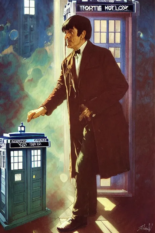 Image similar to The second Doctor standing next to the TARDIS, portrait by Stanley Artgerm Lau, greg rutkowski, thomas kindkade, alphonse mucha, loish, norman Rockwell