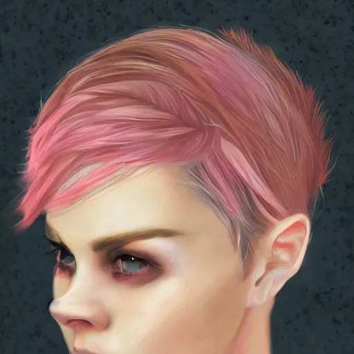 Image similar to portrait of a young woman with short pink spiky hair, and dark eyes 8 k, digital paint