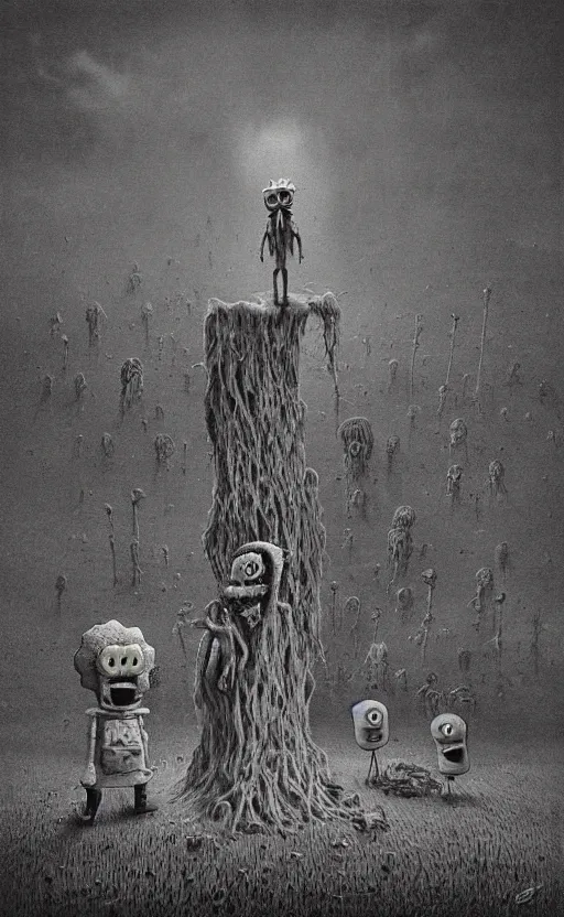 Image similar to spongebob squarepants in style of zdzisław beksinski, standing in wasteland, horror art, creepy, desolate, spongebob, spongebob, spongebob, spongebob