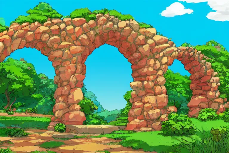 Image similar to natural stone arches with bushes, sunny day, long shot, digital art, in the style of studio ghibli, vivid colors, highly detailed, 8 k, establishing shot, smooth, trending on artstation, illustration, flat colors