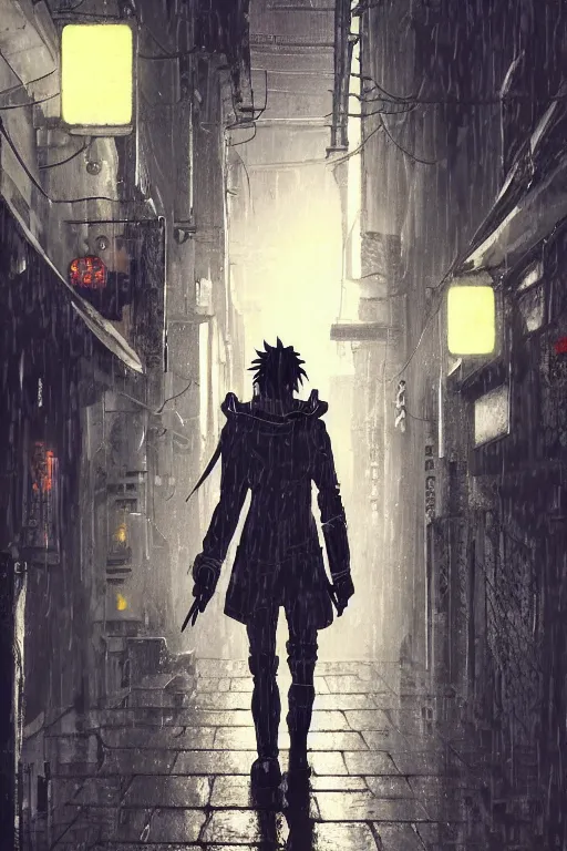 Image similar to a cyberpunk samurai in a raining cobblestone alleyway in tokyo, neon lights, full moon, fog cinematic greg rutkowski anime art hunter x hunter togashi