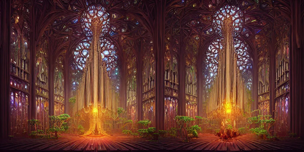 Prompt: Energetic gothic organ made of mushrooms portrait, Art Deco nature, fantasy, intricate art deco mushroom designs, elegant multidimensional cathedral of plants, prismatic fractal chandeliers, highly detailed fractals, sharp focus, art by Artgerm and beeple and Greg Rutkowski and WLOP