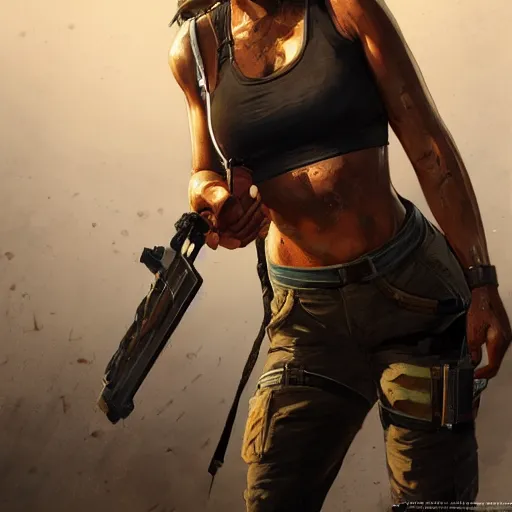 Image similar to Lara Croft from Tomb Raider as a GTA character, by Cedric Peyravernay, highly detailed, hyperrealism, excellent composition, cinematic concept art, dramatic lighting, trending on ArtStation