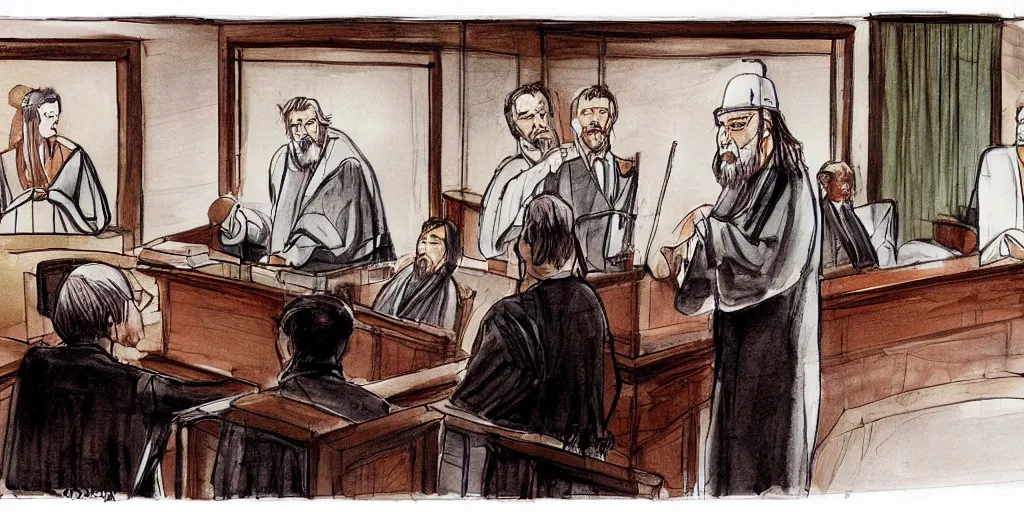 Image similar to Confucius and jury trial, a few suits afar, in the american courtroom sketch by Christine Cornell by Batton Lash by John M. Downs by Leo Hershfield, judge with face of clint eastwood, concept art