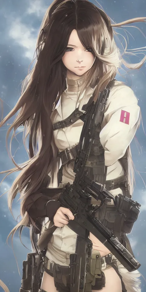 Image similar to infantry girl, anime style, long hair, hair down, symmetrical facial features, from girls frontline, hyper realistic, pale skin, 4 k, rule of thirds, extreme detail, detailed drawing, trending artstation, hd, special forces, trading card, by alphonse mucha, greg rutkowski, sharp focus, backlit