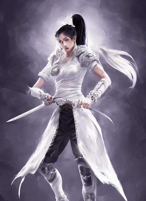 Image similar to a highly detailed illustration of fierce tall amazon messy ponytail black haired one armed delinquent asian woman wearing white cap wearing long white jacket with cape, dramatic wielding sword pose, muscular, intricate, elegant, highly detailed, centered, digital painting, artstation, concept art, smooth, sharp focus, league of legends concept art, wlop.