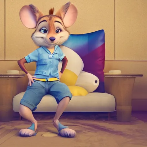 Image similar to 3 d render, portrait, mid shot, anthropomorphic mouse, female, blond fur, blue eyes, wearing denim short shorts and a off yellow tank top shirt, solo, in the style of zootopia