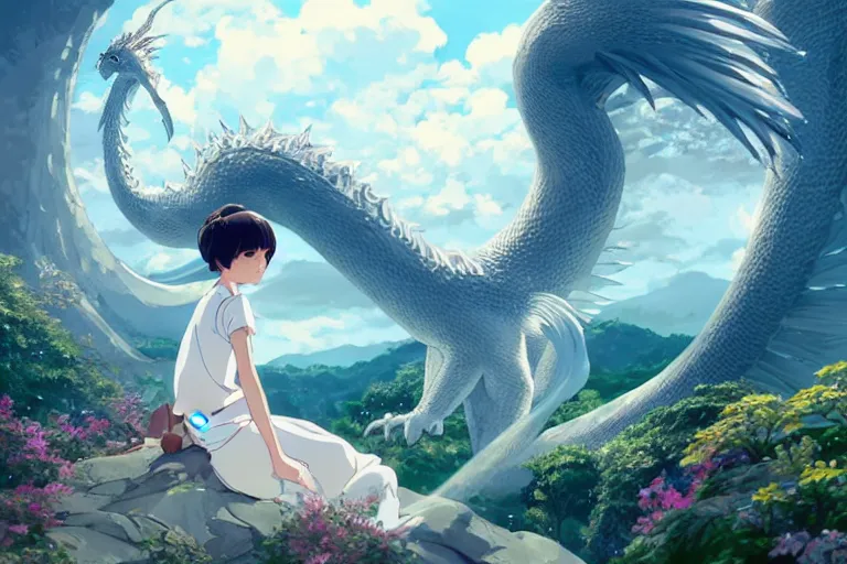 Prompt: a hyper detailed big render that a beautiful girl sitting surrounded by a huge silver white dragon alone in fairyland surrounded by white clouds, finely detailed angelic face, style of studio ghibli, makoto shinkai, xision, ilya kuvshinov and artgerm, kazuki tanahashi, james jean, animation style, golden curve composition, ultra wide angle