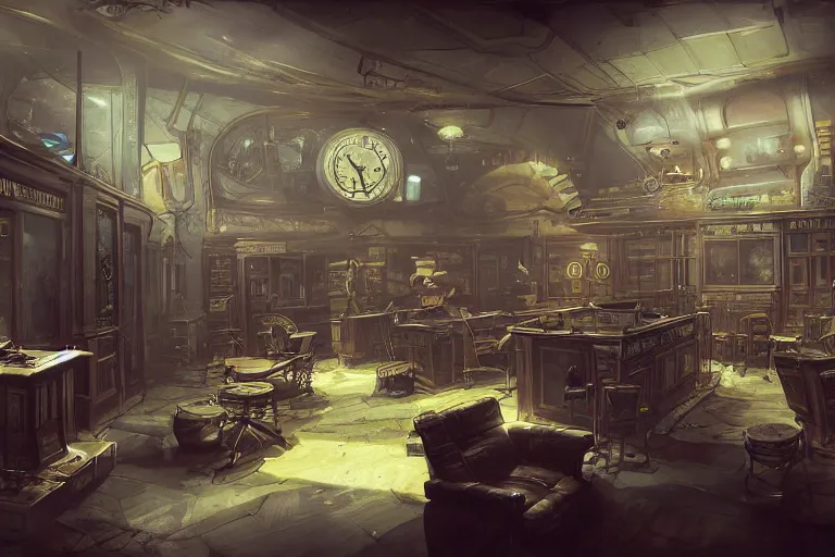 Image similar to interior of a steampunk videoclub, 3d scene, render, ultra realistic, zenith view, Greg Rutkowski, artstation, cgsociety, level design, unreal engine, 3d scene, render, ultra realistic, zenith view, Enki Bilal style