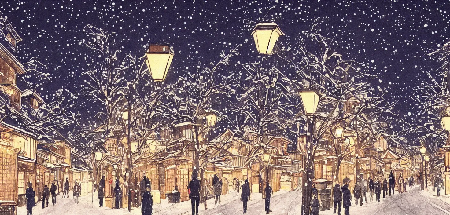 Image similar to beautiful illustration of kyoto streets at night, winter, illuminated by globe street lamps