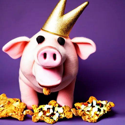 Prompt: studio photograph of a happy pig flying with wings with a unicorn horn depicted as a muppet wearing a gold crown eating pork rind snacks