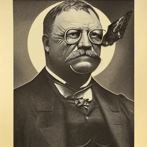 Image similar to a portrait of teddy roosevelt with cyborg enhancements, presidential portrait, hyper detailed