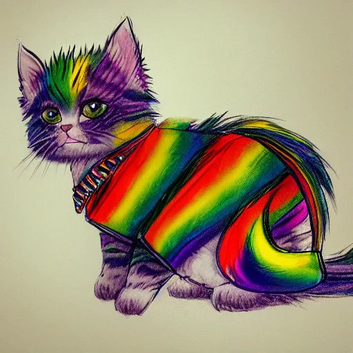 Image similar to wide angle full body, of a fluffy cute rainbow kitten wearing a black leather motorcycle jacket, concept art