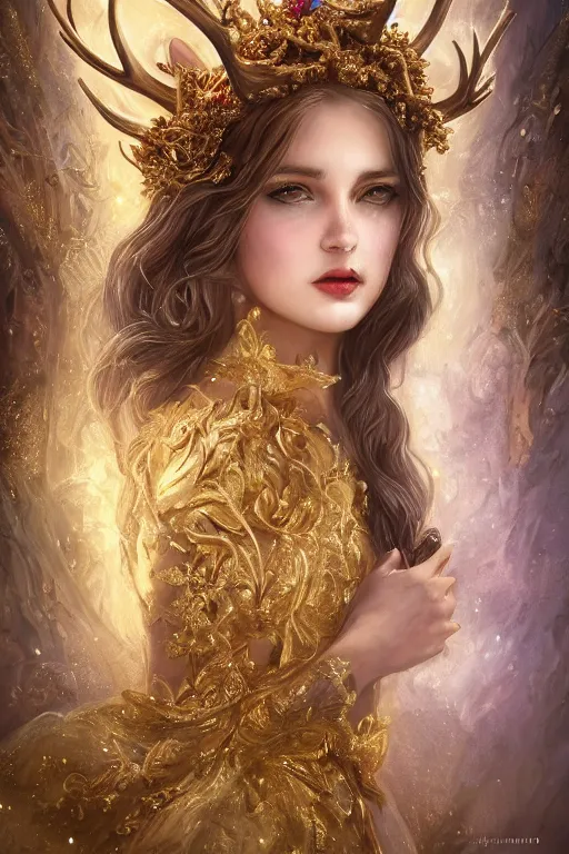Prompt: young woman with antlers, fantasy, intricate, highly-detailed, elegant, gold, crown, flowers, dramatic lighting, glowing halo, gorgeous face, sexy gown, lifelike, photorealistic face, digital painting, artstation, illustration, concept art, smooth, sharp focus, art by John Collier and Albert Aublet and Krenz Cushart and Artem Demura and Alphonse Mucha
