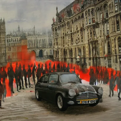 Image similar to A British European City with cars and people roaming inside of the city, certain aspects of the background are lens blurred, splatters of red on the border of the image, some of the people are even painted red, black and white photograph painting, real life, realistic, hyperrealistic, very realistic, photo photograph, photo, photograph, painting, oil painting, ultra realistic, very detailed, extremely detailed, highly detailed, HD Quality, 4k resolution, 8k resolution, trending on artstation, in the style of an Album Cover, cool, epic, nostalgic, intricate details