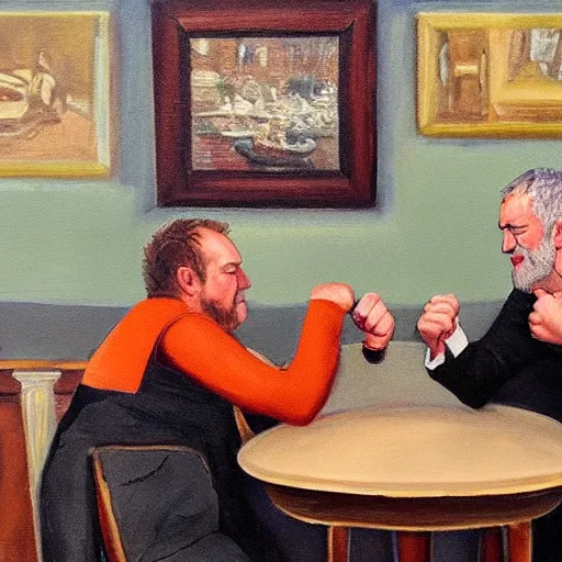 Image similar to oil painting of jeremy clarkson and jeremy corbyn arm wrestling in a dingy pub