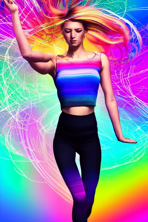 Image similar to a award winning half body portrait of a beautiful woman with stunning eyes in a croptop and leggings with reinbow colored ombre hairstyle head in motion and hair flying while dancing by thomas danthony, surrounded by whirling illuminated lines, outrun, vaporware, shaded flat illustration, digital art, trending on artstation, highly detailed, fine detail, intricate