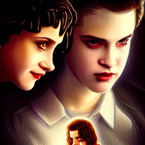 Image similar to twilight version of stranger things, portrait of edward and bella, diffuse lighting, fantasy, intricate, elegant, highly detailed, lifelike, photorealistic, digital painting, artstation, illustration, concept art, smooth, sharp focus, art by john collier and albert aublet and krenz cushart and artem demura and bouguereau and alphonse mucha