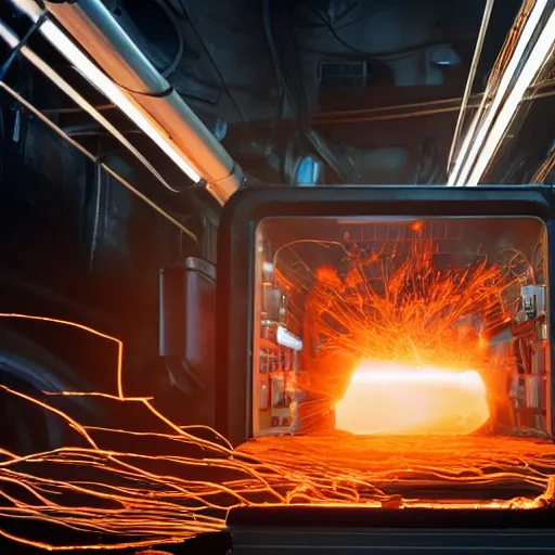 Prompt: overcharging toaster oven, tangles of metallic cables, dark messy smoke - filled cluttered workshop, dark, dramatic lighting, orange tint, sparks, plasma discharges, cinematic, highly detailed, sci - fi, futuristic, movie still
