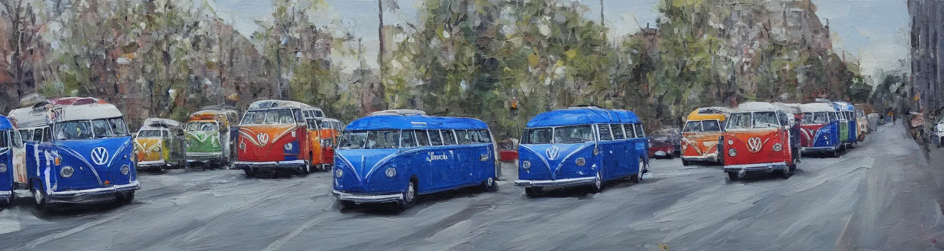 Image similar to a detailed oil painting of vw buses racing in the street