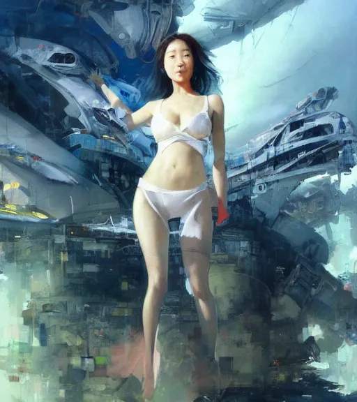 Prompt: Lee Jin-Eun by John Berkey and Peter Mohrbacher, rule of thirds, seductive look, beautiful, in intergalactic hq