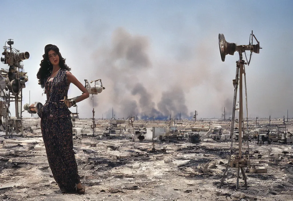 Image similar to fashion editorial in Kuwait oil fields fire. 1991. wide angle shot. highly detailed. depth of field. high definition. 8k. photography.