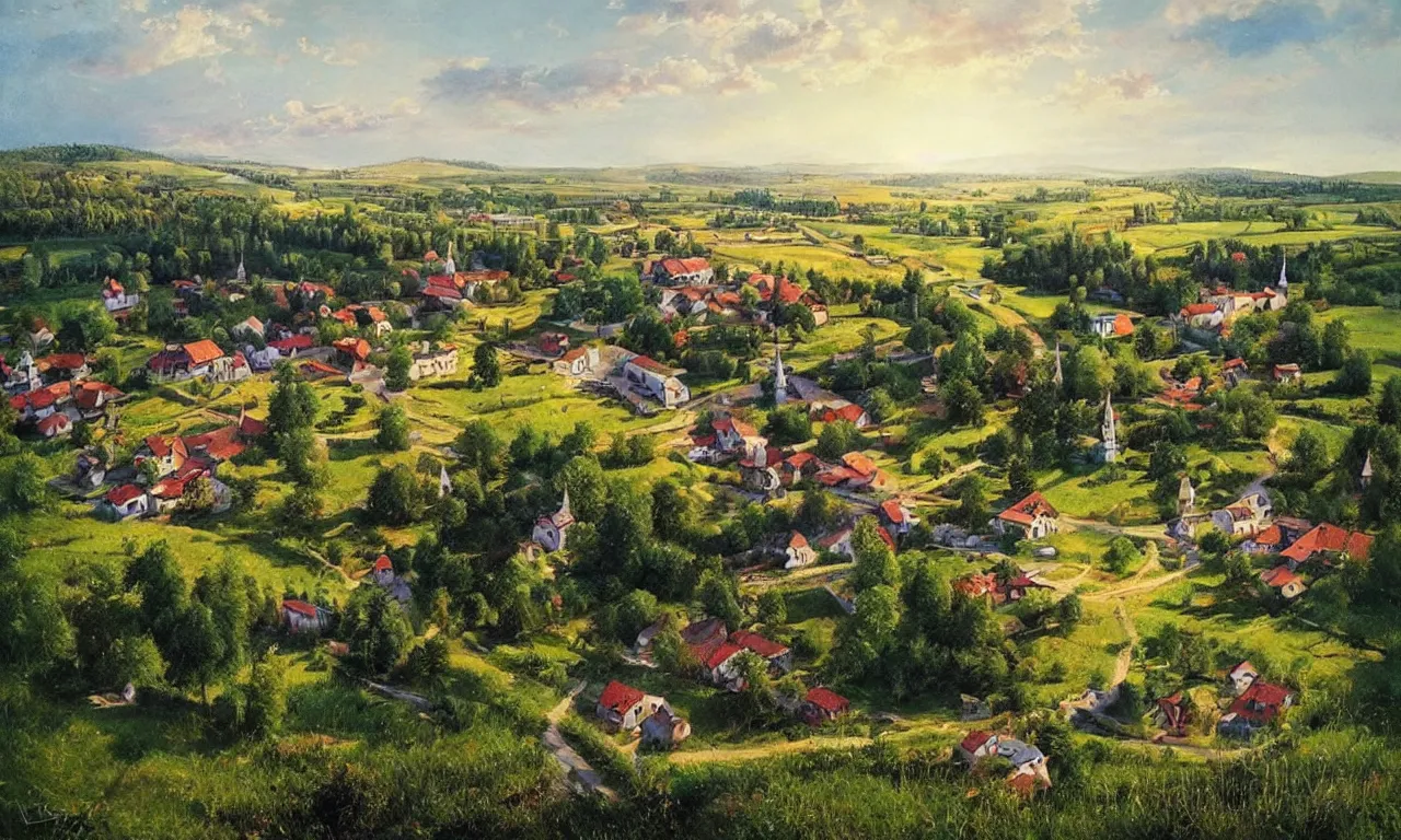 Image similar to a beautiful view of a peaceful village in ukraine. art by denys tsiperko and bogdan rezunenko, hyperrealism