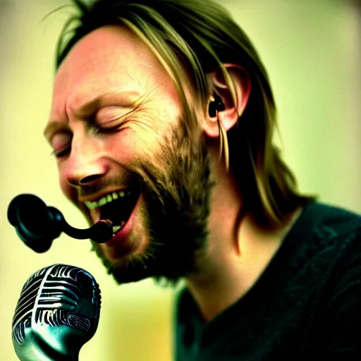 Prompt: Thom Yorke laughing 1995 singing into a microphone, a photo by John E. Berninger, trending on pinterest, private press, associated press photo, angelic photograph, masterpiece