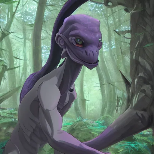 Prompt: concept art painting of an anthropomorphic purple gray anime reptile humanoid, in the deep forest, realistic, detailed, cel shaded, in the style of makoto shinkai and greg rutkowski and james gurney