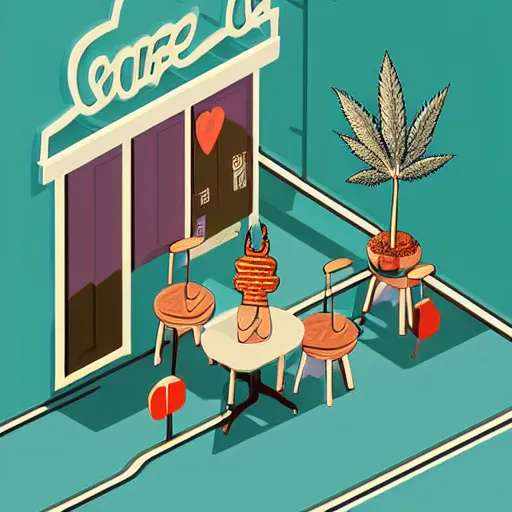 Image similar to isometric cute cartoon illustration style cafe australian, decorated with only cute detailed cannabis leaves in two ceramic pots, tables, utopian simple frontage, 2 cute characters, cute poster, beautiful composition pastel palette by will barnet, digital art, hyperrealistic soft, inked digital, render fun cartoon