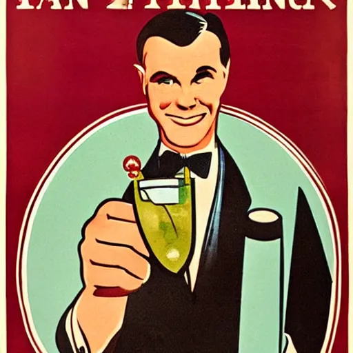 Image similar to a man holding a martini with an otter swimming in it while the otter gives a thumbs up in a 1 9 2 0 s advertisement poster