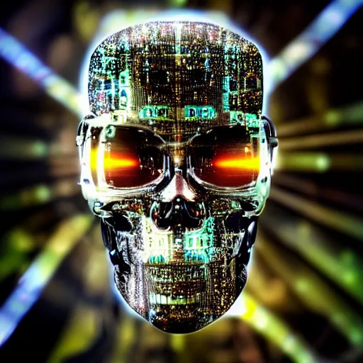 Image similar to extremely detailed portrait of a terminator's head, packed with cybernetics and and borg enhancements and has lit optic fibers inside. In a forest with bokeh. No plating.