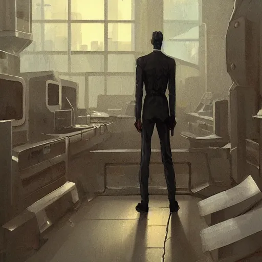 Image similar to concept art by greg rutkowski, a very tall, and slender man with short black hair, sitting with the crew in the ship's control room, brutalist futuristic interior, dark lighting atmosphere, detailed portraits, nostalgic atmosphere, scifi, digital painting, artstation, concept art, smooth, sharp foccus ilustration, artstation hq